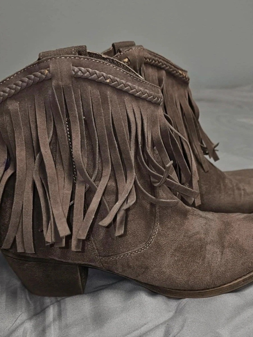 Rock & Candy Fringed Suede Ankle Boots - Taupe Brown